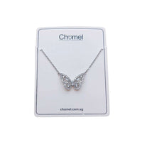 Butterfly cubic zirconia pendant on adjustable rhodium chain necklace with spring clasp
