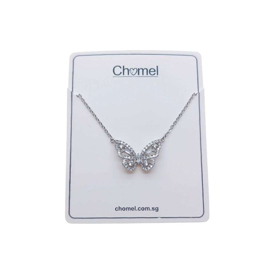 Butterfly cubic zirconia pendant on adjustable rhodium chain necklace with spring clasp
