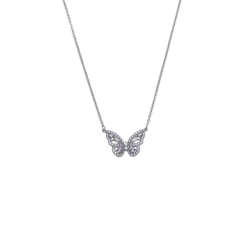 Butterfly cubic zirconia pendant on adjustable rhodium chain necklace