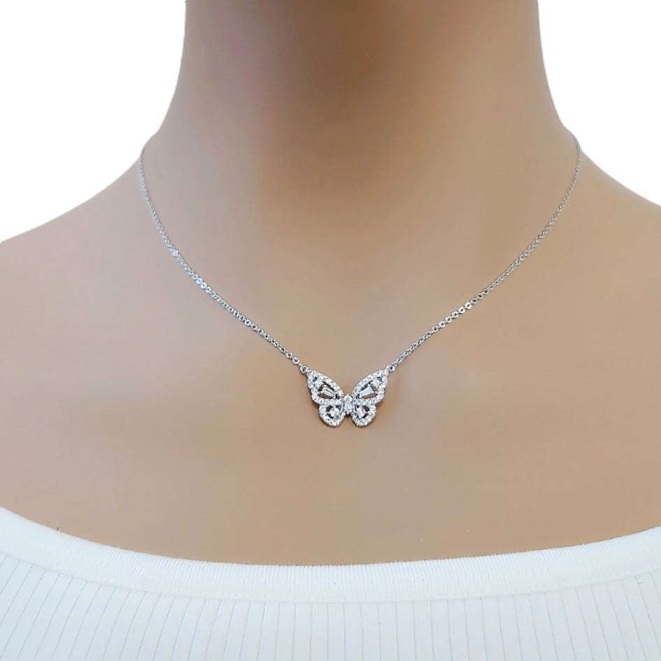 Butterfly cubic zirconia pendant necklace with adjustable rhodium chain