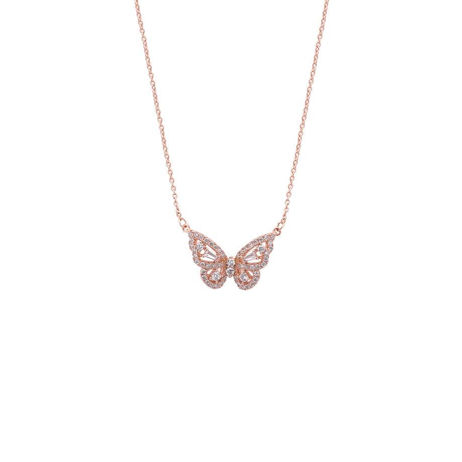 Butterfly cubic zirconia pendant on rosegold adjustable chain necklace