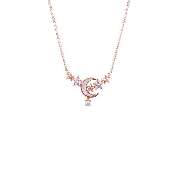 Moon and Star Cubic Zirconia Necklace with mother of pearl and rosegold chain