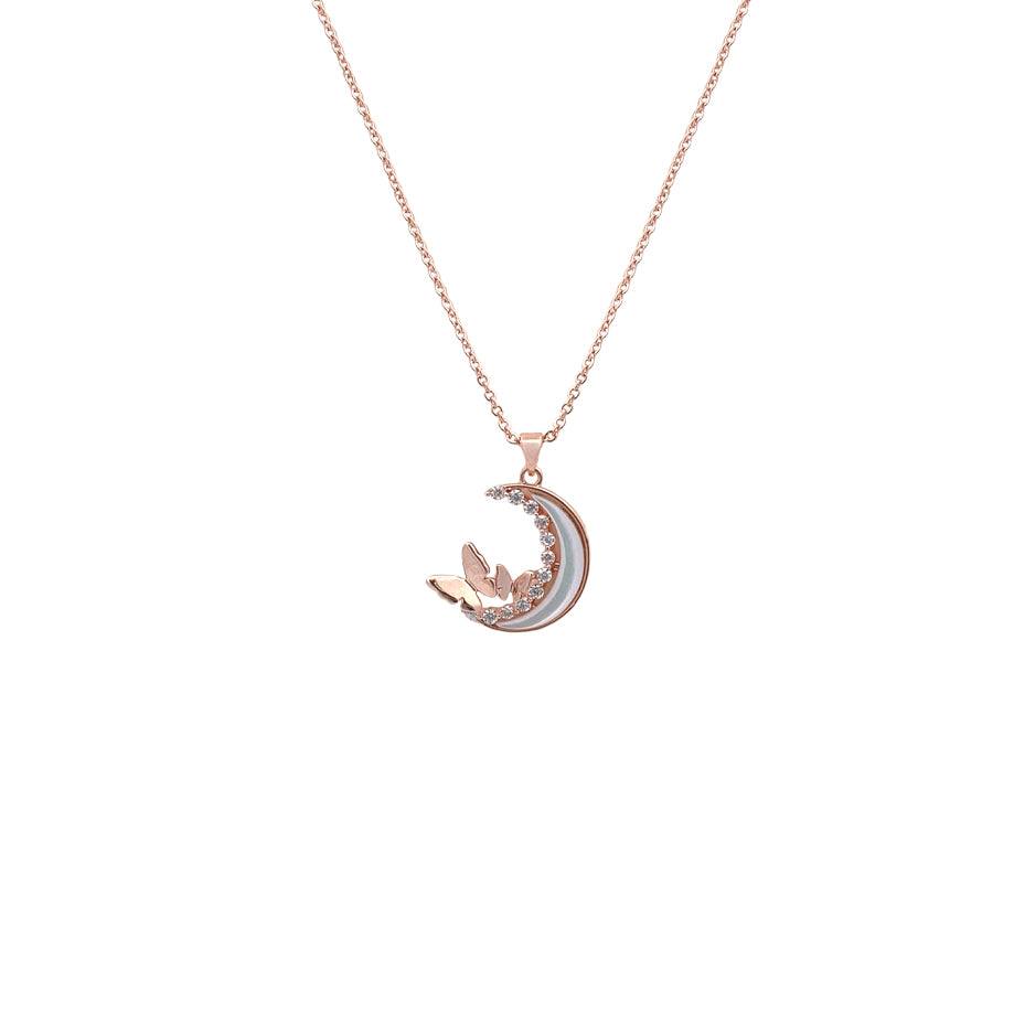 Moon and butterfly necklace with mother of pearl and cubic zirconia in rosegold finish