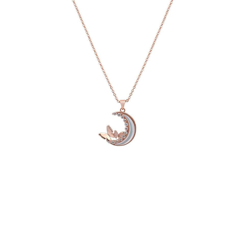 Moon and butterfly necklace with mother of pearl and cubic zirconia in rosegold finish