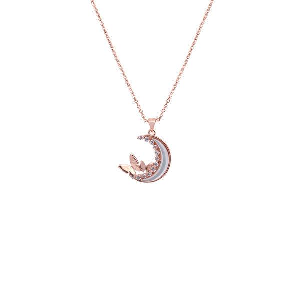Moon and butterfly necklace with mother of pearl and cubic zirconia pendant in rosegold finish