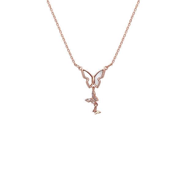Butterfly mother of pearl necklace with cubic zirconia and rosegold plating on adjustable chain