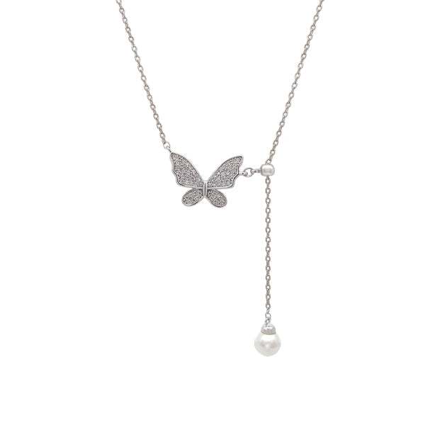 Butterfly cubic zirconia necklace with simulated pearl drop on rhodium plated chain