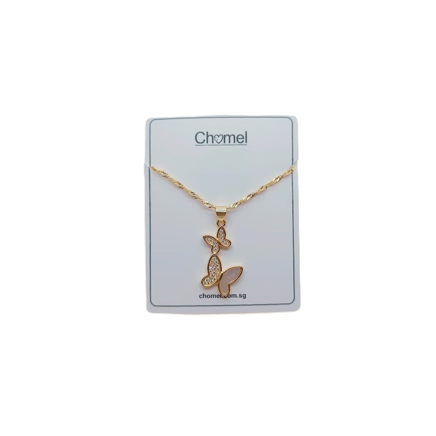 Butterfly Cubic Zirconia Necklace in gold-tone metal, with two butterfly pendants encrusted in sparkling stones.