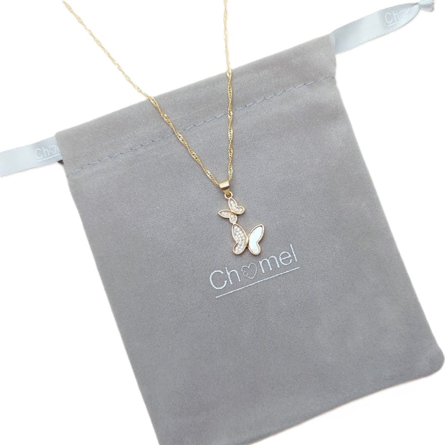 Butterfly Cubic Zirconia Necklace in gold-tone metal, with two butterfly pendants and sparkling stone detailing.