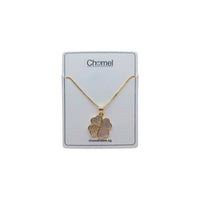 Gold-tone necklace with a clover pendant of sparkling pavé and smooth heart-shaped inlays; Butterfly Cubic Zirconia detail.