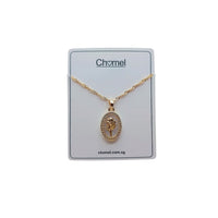 Gold-plated necklace with a twisted chain and oval pendant featuring a floral motif and sparkling border; Butterfly Cubic Zirconia detail.