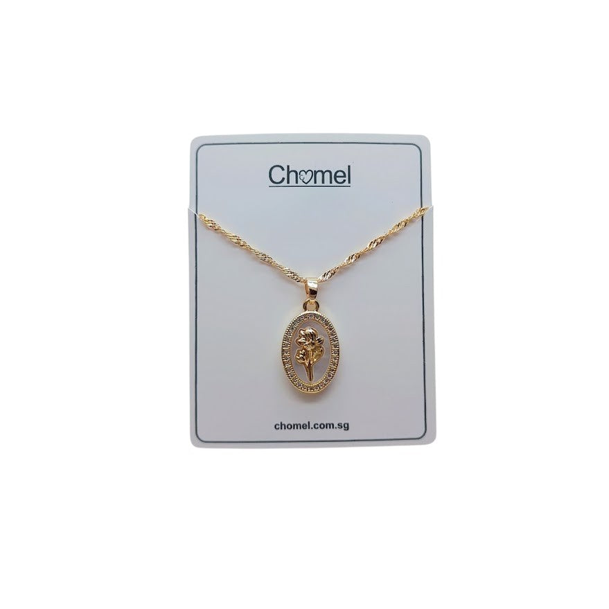 Gold-plated necklace with a twisted chain and oval pendant featuring a floral motif and sparkling border; Butterfly Cubic Zirconia detail.
