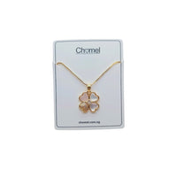 Gold-tone clover pendant necklace with glossy pale mother-of-pearl petals and a sparkling stone petal; Butterfly Cubic Zirconia detail.