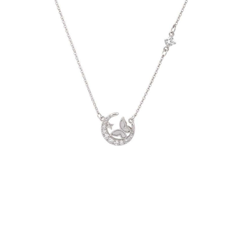 Moon and Butterfly Necklace with cubic zirconia moon and mother of pearl butterfly pendant on rhodium plated adjustable chain