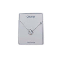 Moon and Butterfly Necklace with cubic zirconia moon and mother of pearl butterfly pendant on rhodium plated chain