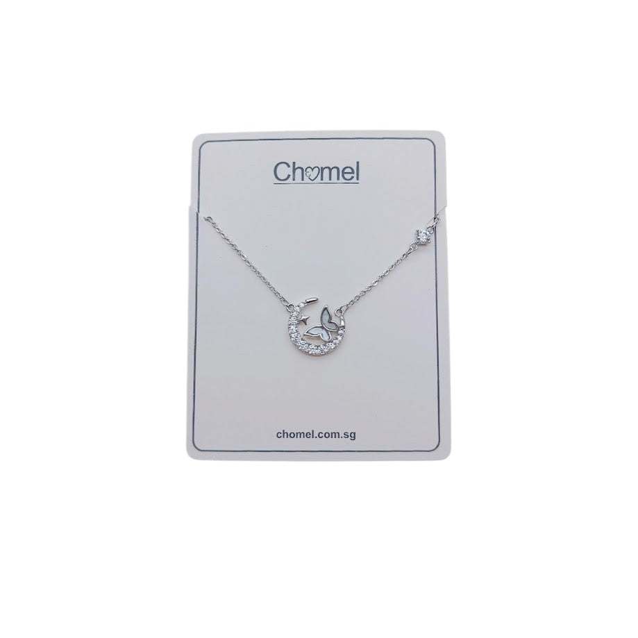 Moon and Butterfly Necklace with cubic zirconia moon and mother of pearl butterfly pendant on rhodium plated chain