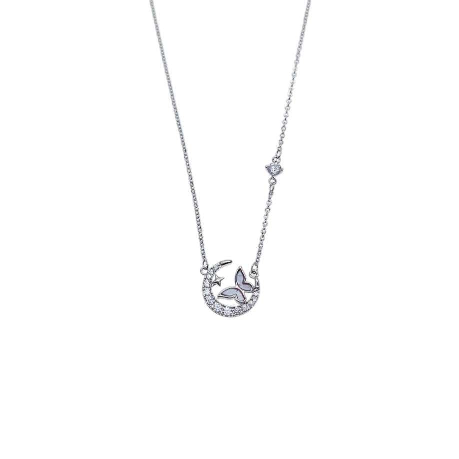Moon and butterfly necklace with cubic zirconia moon and mother of pearl butterfly pendant on adjustable rhodium plated chain