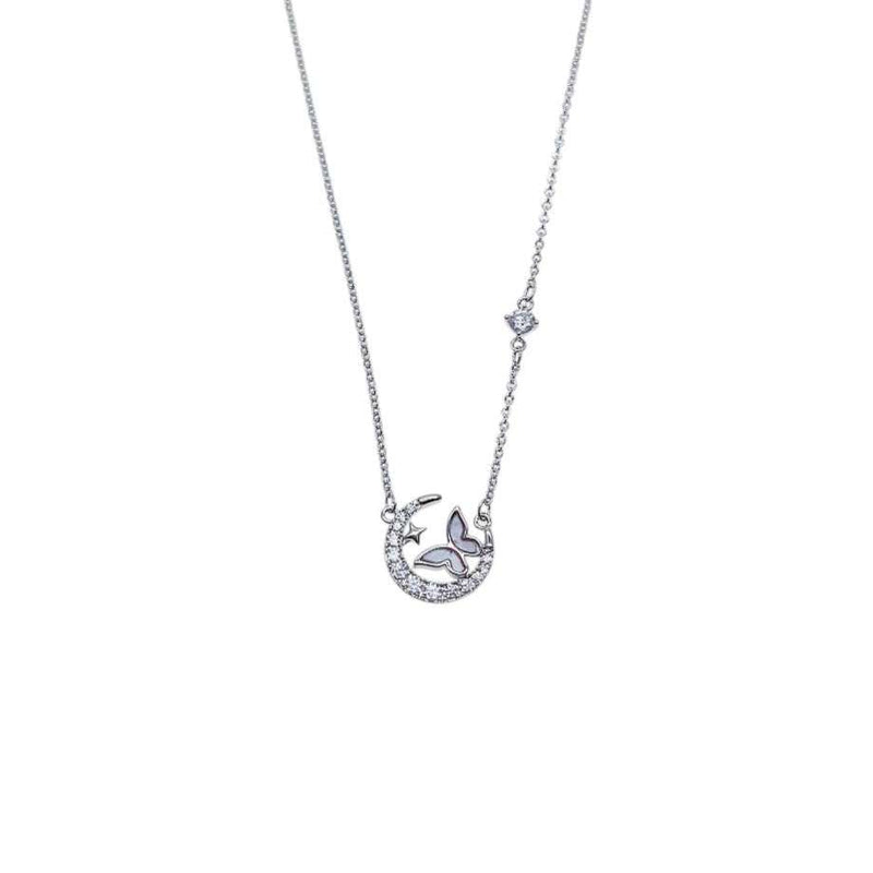 Moon and butterfly necklace with cubic zirconia moon and mother of pearl butterfly pendant on adjustable rhodium plated chain