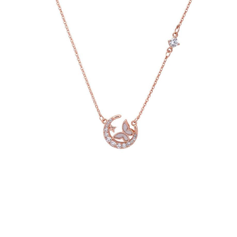 Moon and Butterfly Necklace with cubic zirconia moon and mother of pearl butterfly in rosegold finish