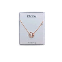 Moon and Butterfly Necklace with cubic zirconia moon and mother of pearl butterfly pendant in rosegold finish