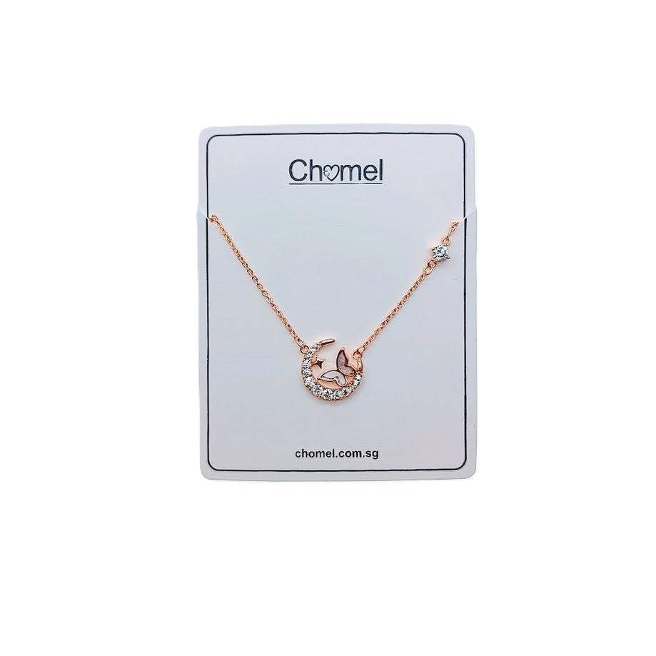 Moon and Butterfly Necklace with cubic zirconia moon and mother of pearl butterfly pendant in rosegold finish