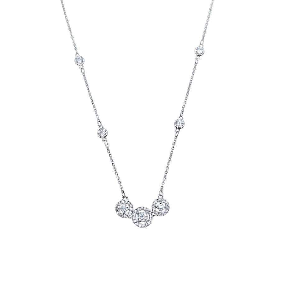 Cubic zirconia necklace with three round solitaire pendants on fine rhodium-plated chain