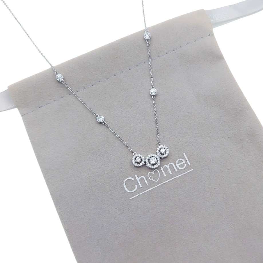 Elegant cubic zirconia necklace with three round solitaire pendants on a rhodium-plated chain
