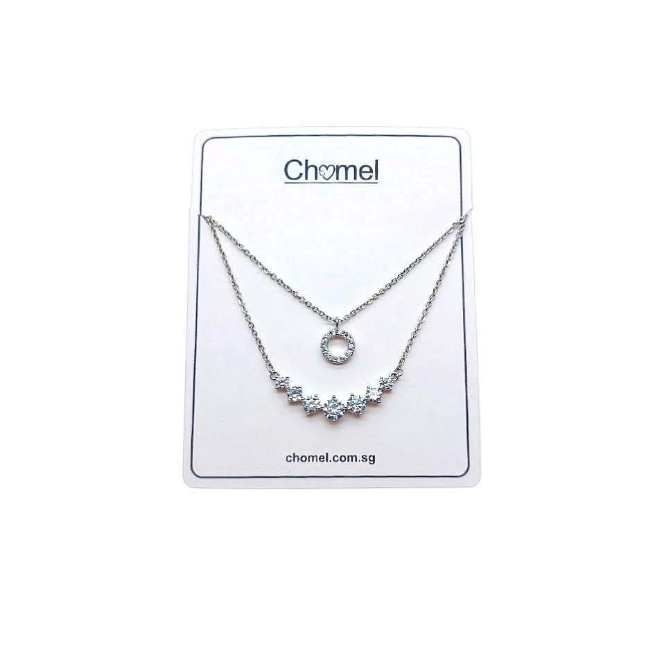 Tiered cubic zirconia necklace with round pendant and graduating solitaire stones on rhodium plated chain