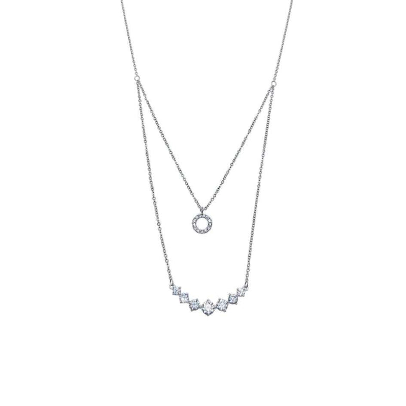 Tiered cubic zirconia necklace with round pendant and graduating solitaires on rhodium-plated chain