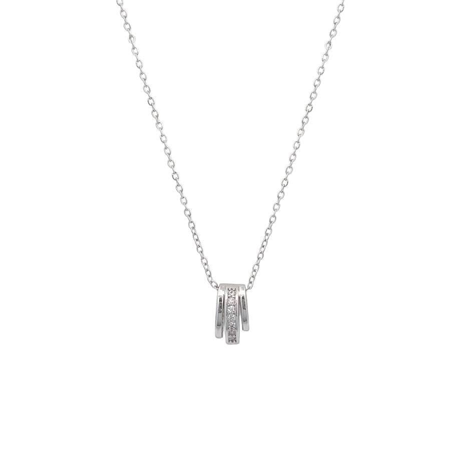 Oval tunnel cubic zirconia pendant necklace rhodium plated with adjustable chain