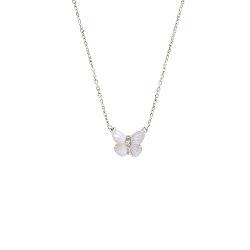 Butterfly mother of pearl necklace with rhodium-plated chain and adjustable clasp