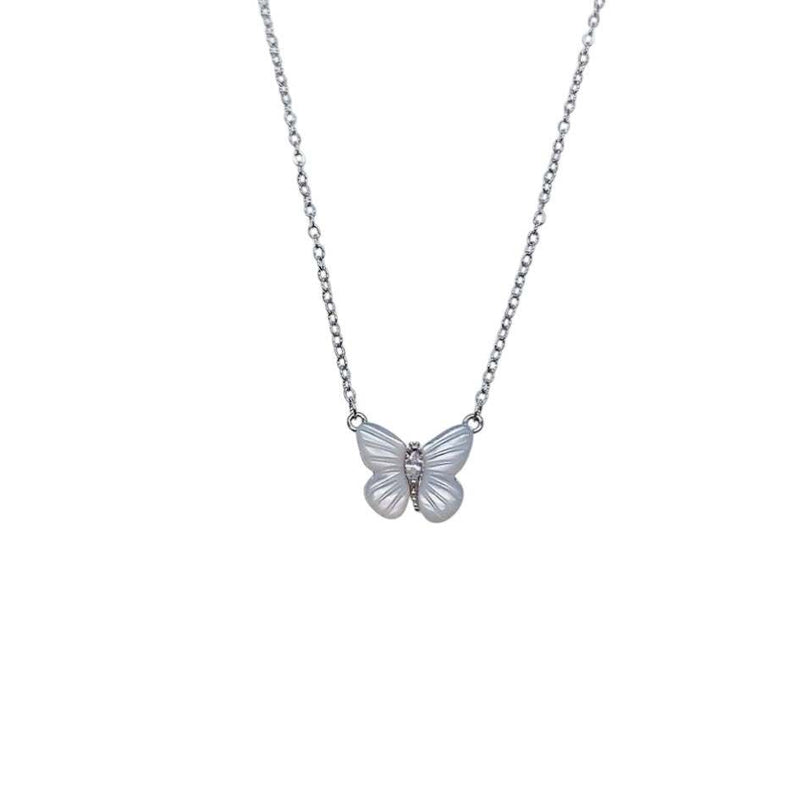 Butterfly mother of pearl necklace with rhodium-plated chain and adjustable length