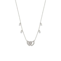 Double heart cubic zirconia necklace with mother of pearl pendant on rhodium-plated chain