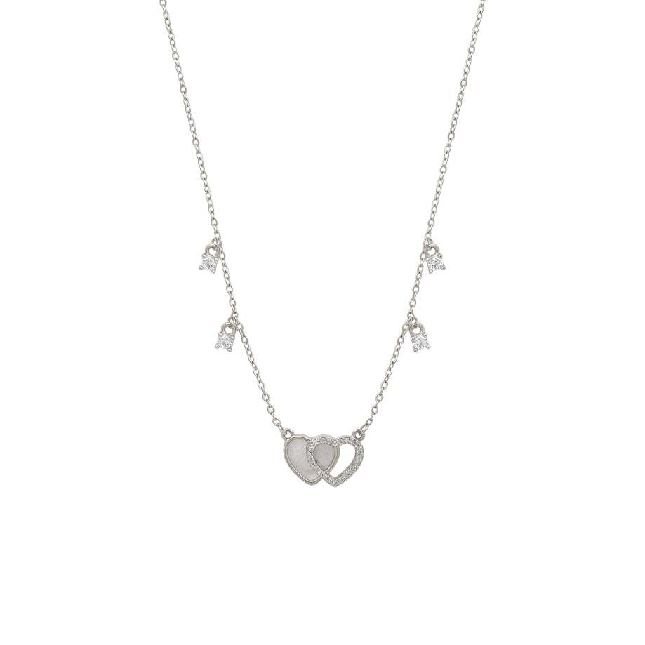 Double heart cubic zirconia necklace with mother of pearl pendant on rhodium-plated chain