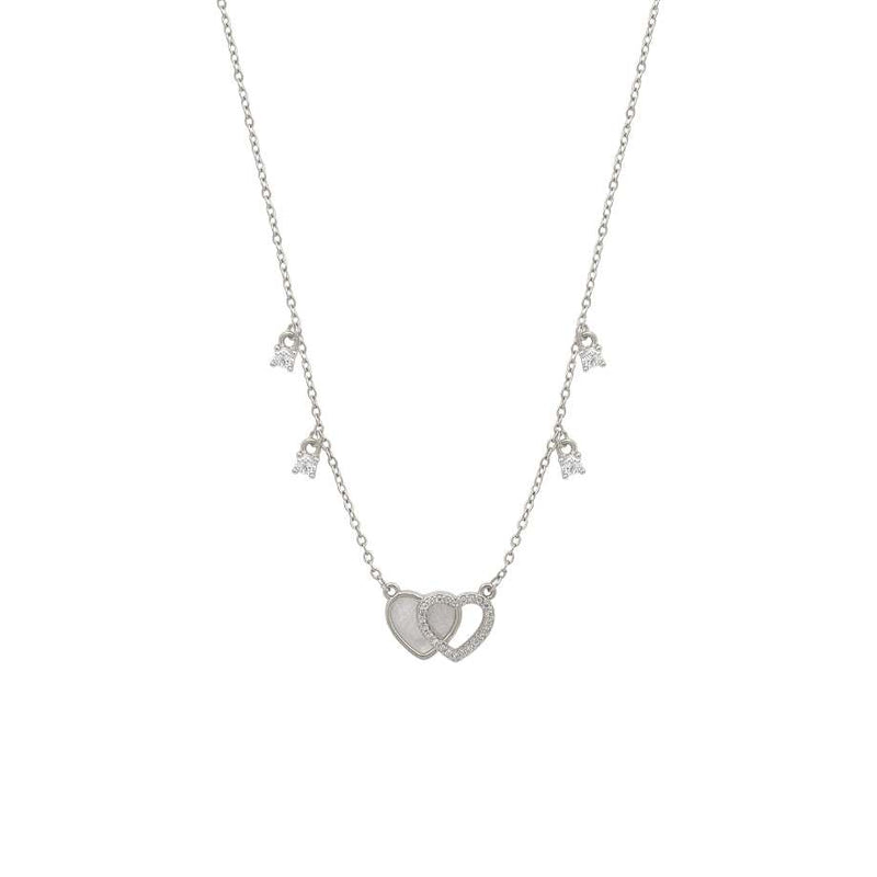 Double heart cubic zirconia necklace with mother of pearl pendant on rhodium-plated chain