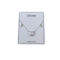 Double heart cubic zirconia necklace with mother of pearl pendant on rhodium-plated chain