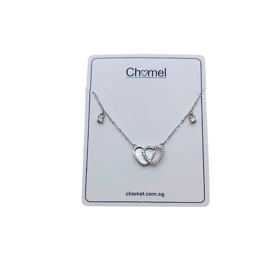 Double heart cubic zirconia necklace with mother of pearl pendant on rhodium-plated chain