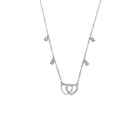 Double heart cubic zirconia and mother of pearl necklace with rhodium plating on delicate chain