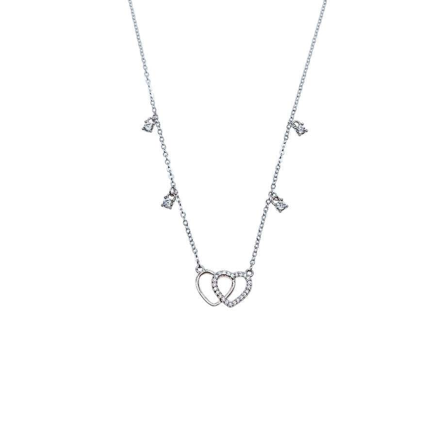 Double heart cubic zirconia and mother of pearl necklace with rhodium plating on delicate chain