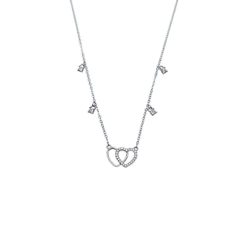 Double heart cubic zirconia and mother of pearl necklace with rhodium plating on delicate chain