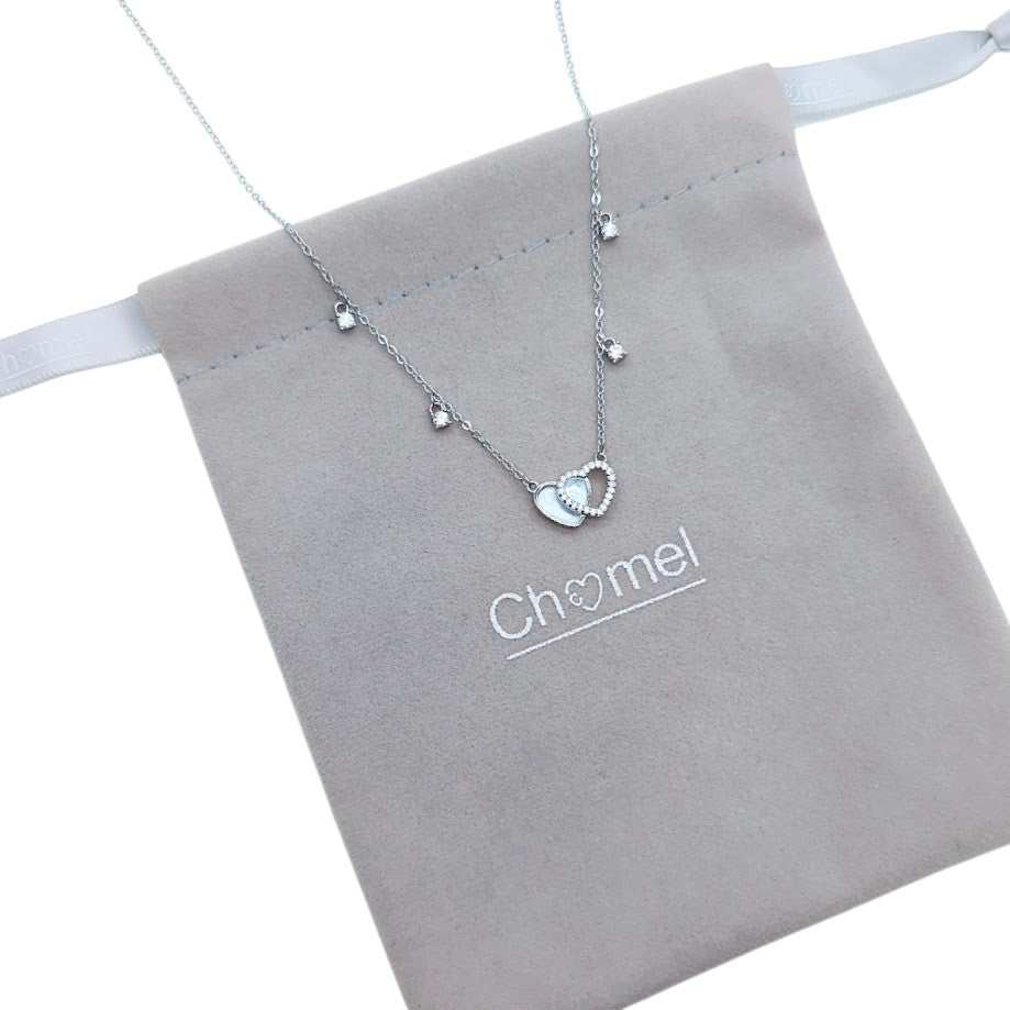 Double heart cubic zirconia necklace with mother of pearl pendant on rhodium-plated chain
