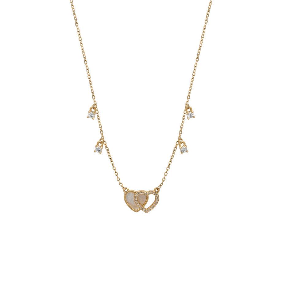 Gold-plated double heart cubic zirconia and mother of pearl necklace on delicate chain