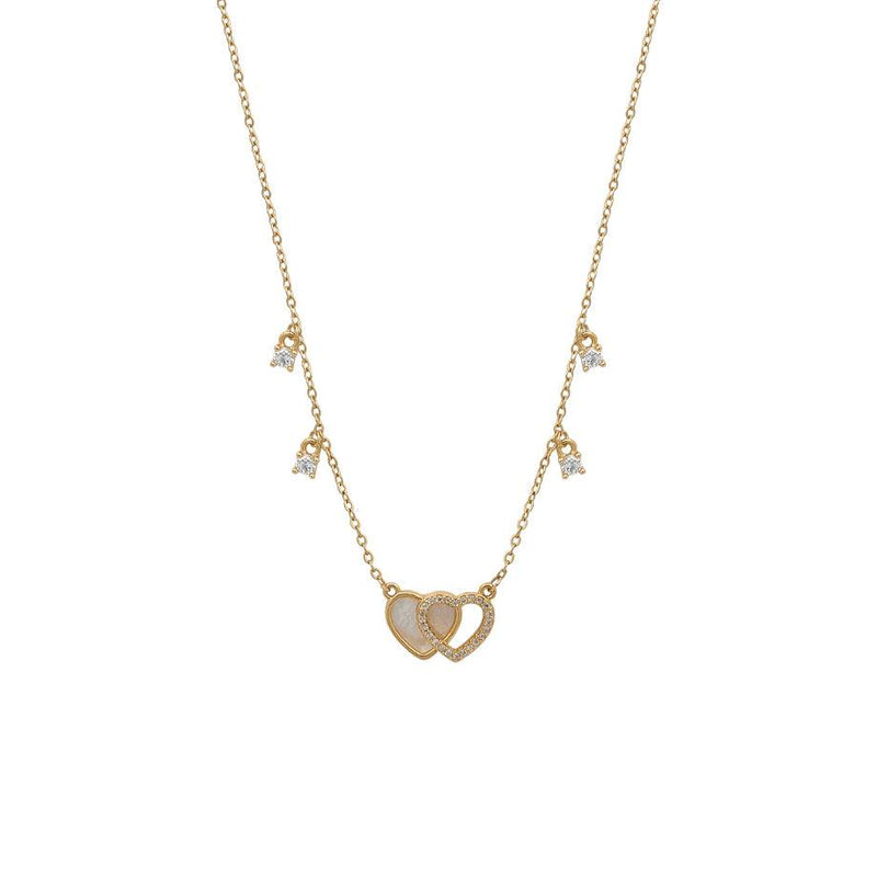 Gold-plated double heart cubic zirconia and mother of pearl necklace on delicate chain