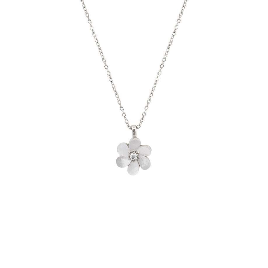 Flower Mother of Pearl Necklace with cubic zirconia pendant and rhodium plating