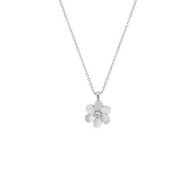 Flower mother of pearl necklace with cubic zirconia pendant and rhodium plating