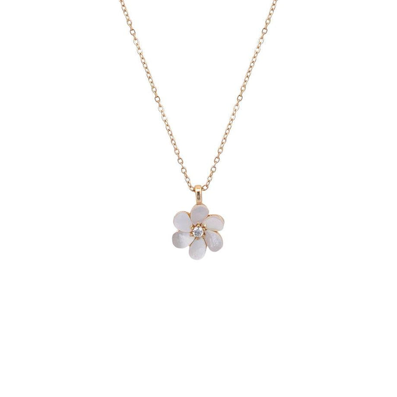 Gold plated flower mother of pearl necklace with cubic zirconia pendant on chain