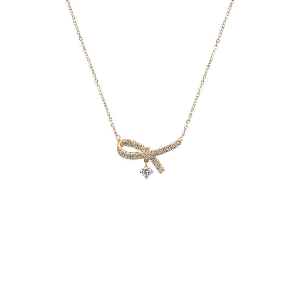 Gold plated ribbon cubic zirconia necklace with solitaire pendant on adjustable chain