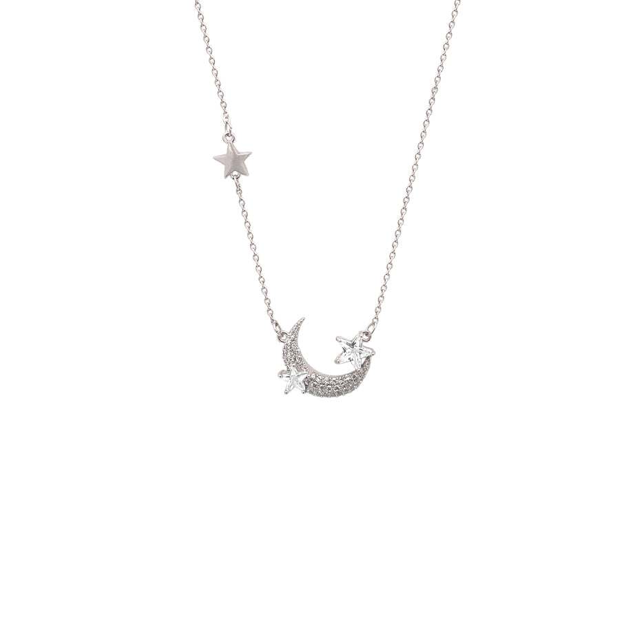 Moon and Star Cubic Zirconia Necklace with rhodium plating and adjustable chain