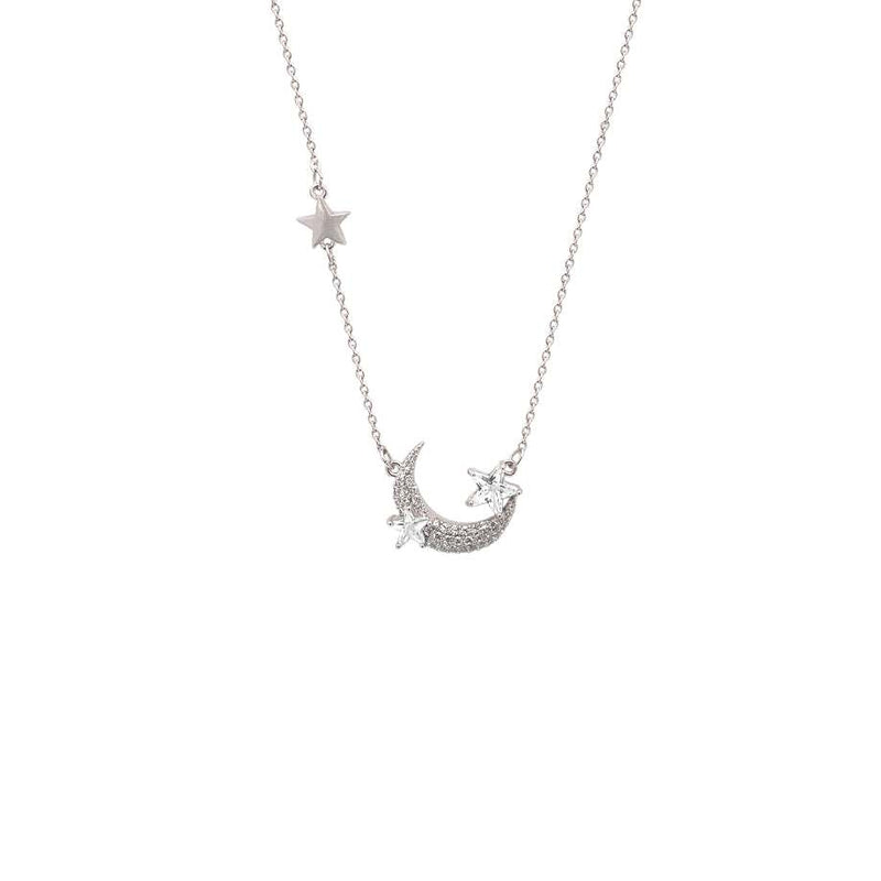 Moon and Star Cubic Zirconia Necklace with rhodium plating and adjustable chain