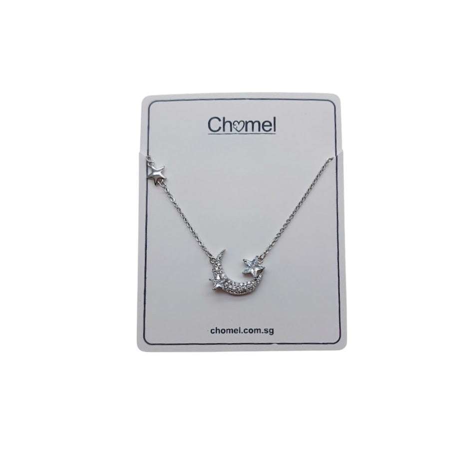 Moon and star cubic zirconia necklace with rhodium finish and adjustable chain